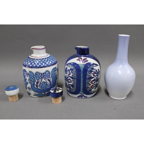 105 - Two Copenhagen Fajance bottles and a Royal Copenhagen porcelain vase, tallest 14cm (3)