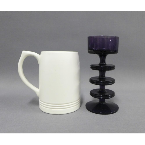 115 - Wedgwood Keith Murray tankard and an amethyst coloured Wedgwood glass candlestick , 15cm (2)