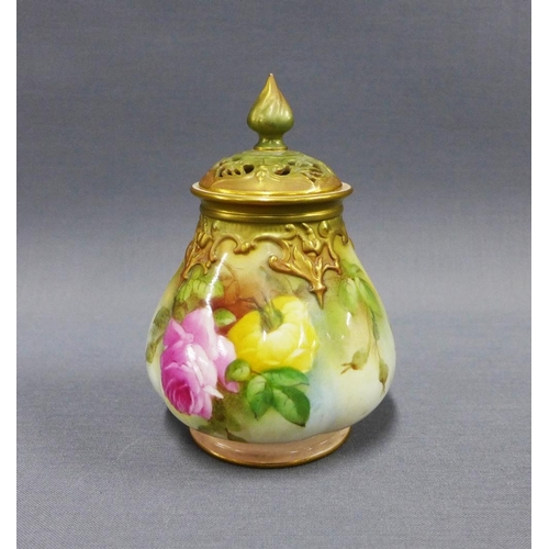 131 - Royal Worcester blush ivory vase and pierced cover, painted with flowers, shape 291