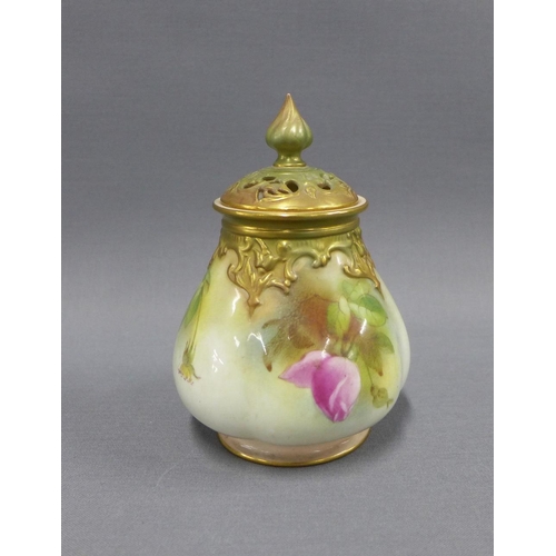 131 - Royal Worcester blush ivory vase and pierced cover, painted with flowers, shape 291