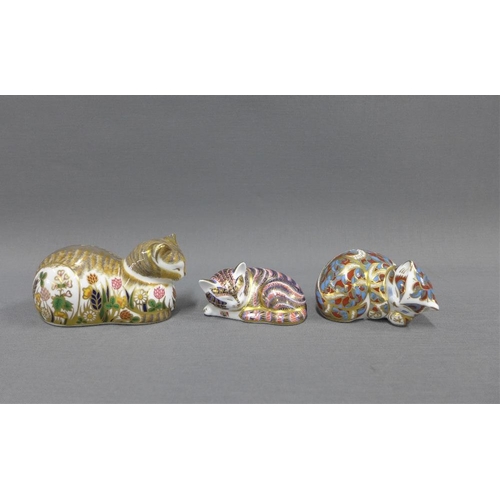 135 - Three Royal Crown Derby Imari cat paperweights to include Cottage Garden Cat and two others, longest... 