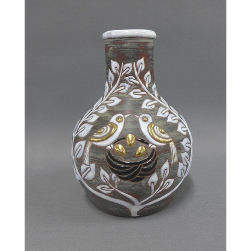 136 - Early 20th century French pottery vase with enamelled pattern of stylised birds, 17cm