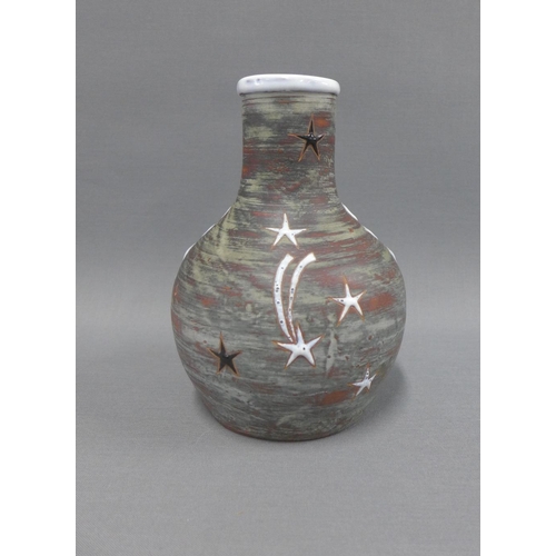 136 - Early 20th century French pottery vase with enamelled pattern of stylised birds, 17cm