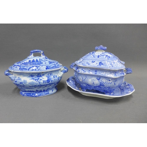 137 - 19th century Staffordshire blue and white transfer printed pottery to include a Spode Camilla sauce ... 