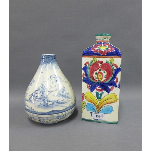 139 - Italian tin glazed vase, signed, together with a Deruta floral pattern vase, tallest 27cm (2)