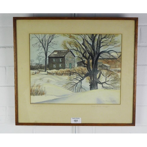 151 - Irene Frazer Langford, watercolour of a cottage in a winter landscape, signed and framed under glass... 