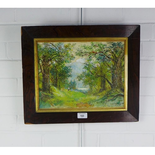 153 - C.N. Woolnorth, RSW, watercolour of a woodland scene with figures, signed and framed under glass, 33... 