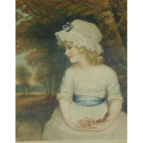 158 - Coloured mezzotint of a young girl, signed indistinctly and framed under glass,   21 x 26cm