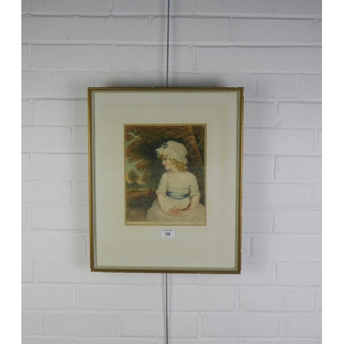 158 - Coloured mezzotint of a young girl, signed indistinctly and framed under glass,   21 x 26cm