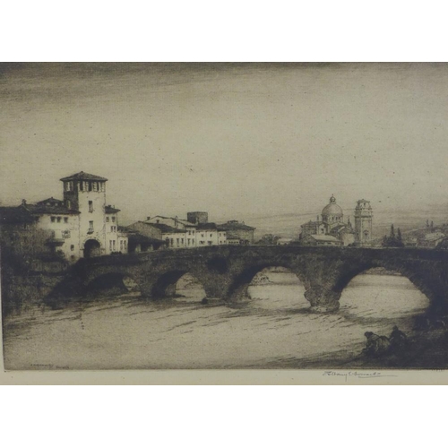 159 - Albany E. Howath, an etching of Verona, signed with pencil, framed under glass, 27 x 20cm