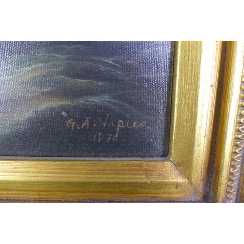 160 - G.A. Napier, seascape oil on canvas, signed and dated 1874, in an ornate gilt frame, 39 x 29cm