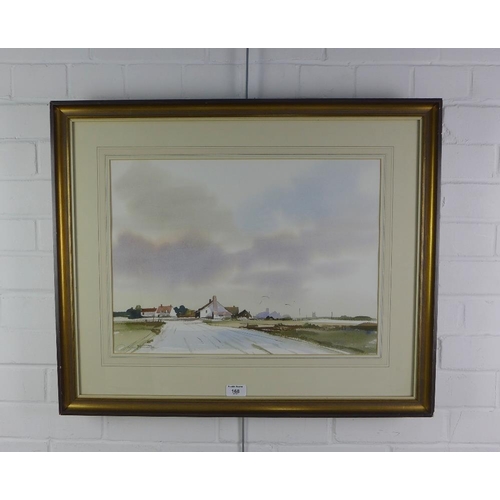 168 - Contemporary School, watercolour of a village, signed indistinctly and framed under glass, 49 x 36cm