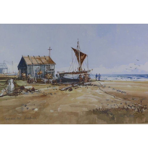 169 - John Sutton (b.1935) 'Boat and Huts, Alderburgh', watercolour, singed and entitled and framed under ... 