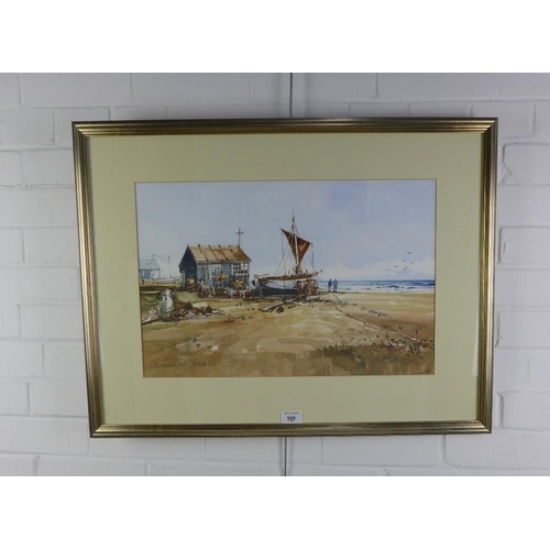 169 - John Sutton (b.1935) 'Boat and Huts, Alderburgh', watercolour, singed and entitled and framed under ... 