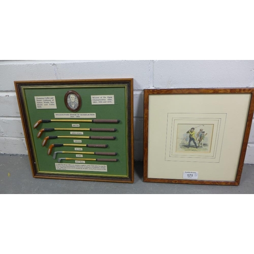 171 - Coloured golfing print and a framed set of miniature golf clubs - replicas of clubs used by William ... 