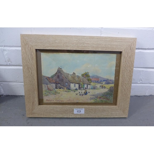 172 - David Small a watercolour of Highland Cottages, signed and framed under glass, 26 x 17cm