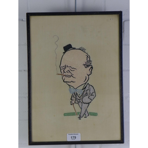 179 - Vintage Winston Churchill embroidered panel, framed under glass, 27 x 37cm