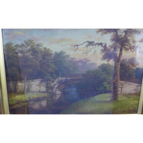 191 - 19th century school oil on canvas of a bridge and river scene, apparently unsigned, under glass with... 