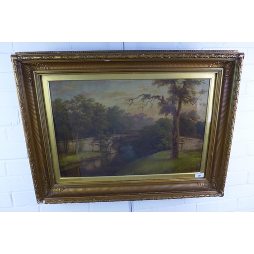 191 - 19th century school oil on canvas of a bridge and river scene, apparently unsigned, under glass with... 