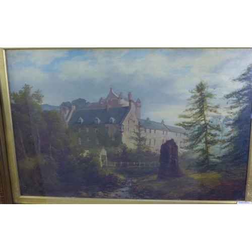 192 - 19th century school oil on canvas of a castle scene, apparently unsigned, under glass within an  orn... 