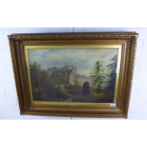 192 - 19th century school oil on canvas of a castle scene, apparently unsigned, under glass within an  orn... 