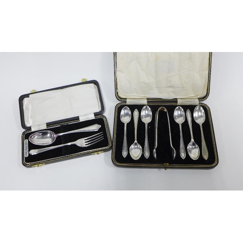 66 - Silver fork and spoon cased set, Birmingham 1953 and a cased set of six Epns teaspoons with sugar to... 