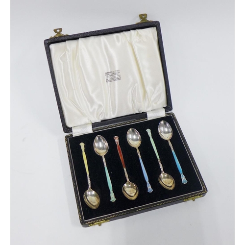 71 - Cased set of six silver and harlequin enamelled spoons, Henry Clifford Davis, Birmingham 1952 (6)