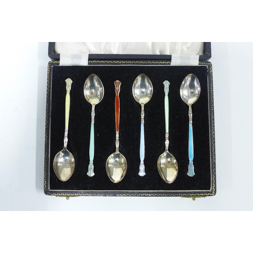 71 - Cased set of six silver and harlequin enamelled spoons, Henry Clifford Davis, Birmingham 1952 (6)