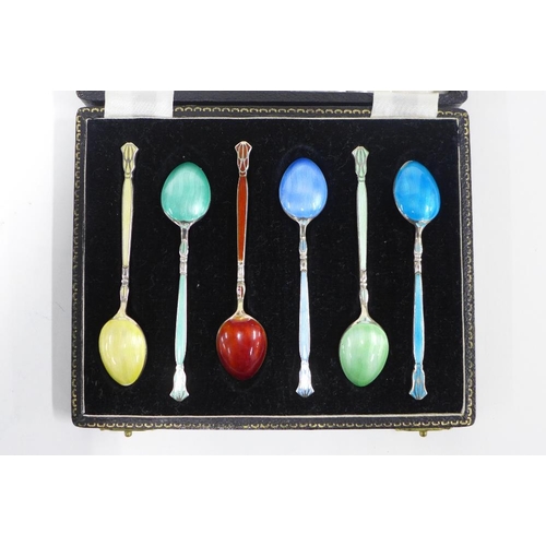 71 - Cased set of six silver and harlequin enamelled spoons, Henry Clifford Davis, Birmingham 1952 (6)