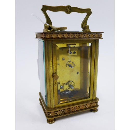 76 - French carriage clock, brass case with glass panels, enamel dial with Roman numerals, inscribed Loga... 