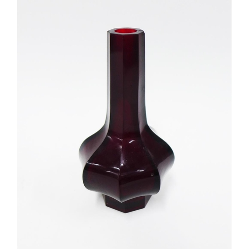 78 - Chinese faceted ruby red glass bottle vase, with bulbous body and slim neck, with an etched Qianlong... 