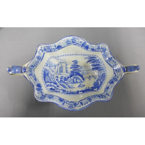 83 - Staffordshire transfer printed blue and white pottery to include a Horses pattern serving dish and a... 