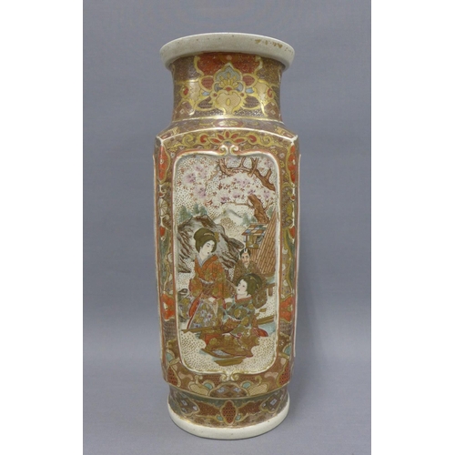 91 - Japanese Satsuma square form vase, painted with figures, birds, flowers and foliage, 36cm