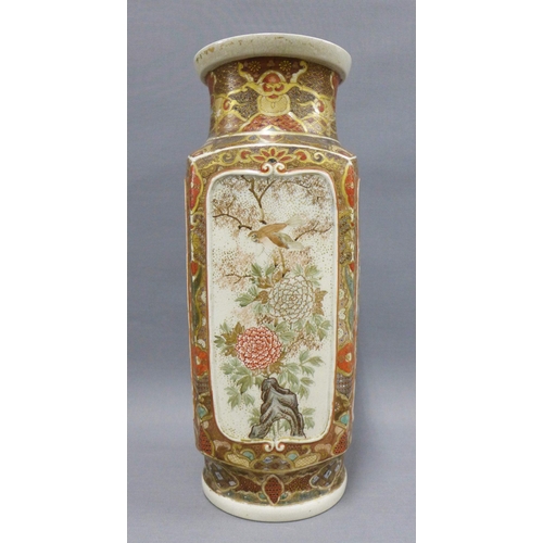 91 - Japanese Satsuma square form vase, painted with figures, birds, flowers and foliage, 36cm