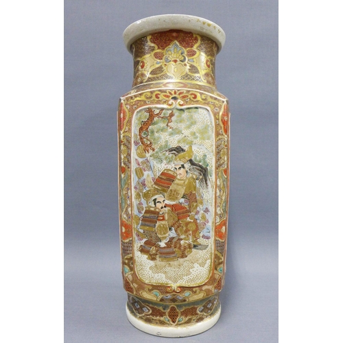 91 - Japanese Satsuma square form vase, painted with figures, birds, flowers and foliage, 36cm