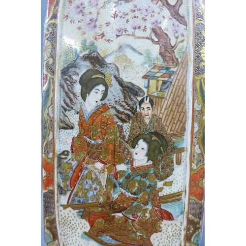 91 - Japanese Satsuma square form vase, painted with figures, birds, flowers and foliage, 36cm