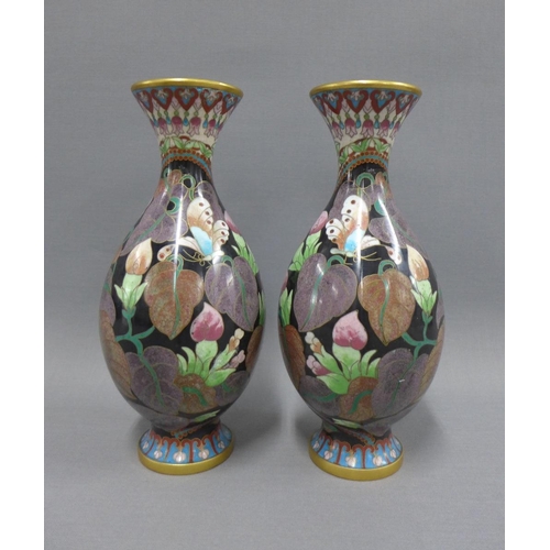 92 - A pair of cloisonne baluster vases with butterfly pattern, 23cm (2)