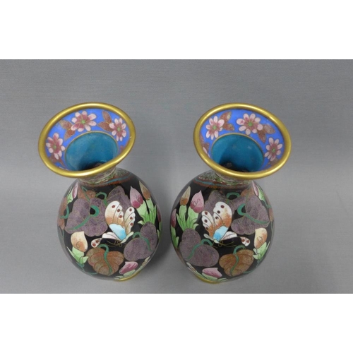 92 - A pair of cloisonne baluster vases with butterfly pattern, 23cm (2)