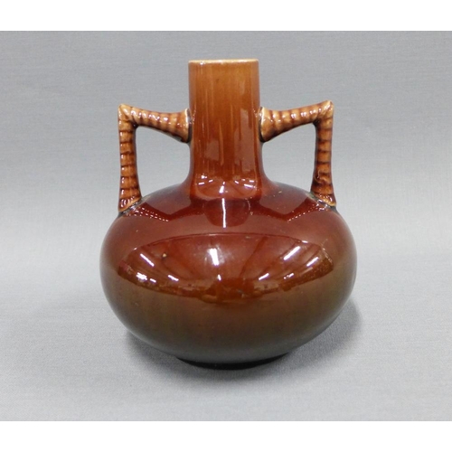 97 - Christopher Dresser  style brown glazed vase with stylised handles, 13cm