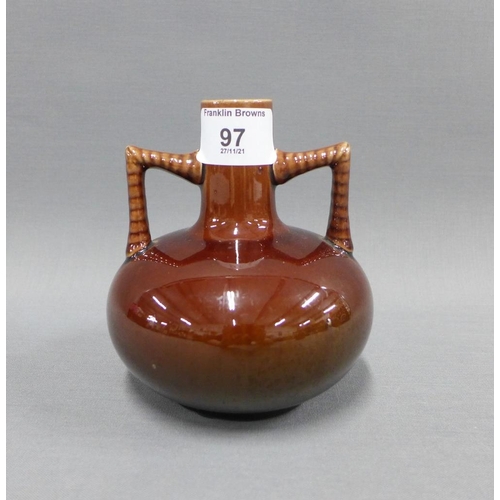 97 - Christopher Dresser  style brown glazed vase with stylised handles, 13cm