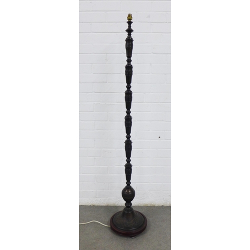 208 - Chinese bronze patinated standard lamp, knop stem on a circular base, height excluding fitting 145cm