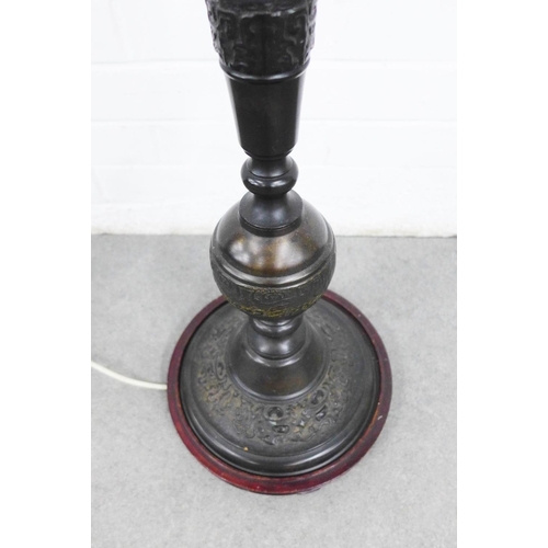 208 - Chinese bronze patinated standard lamp, knop stem on a circular base, height excluding fitting 145cm