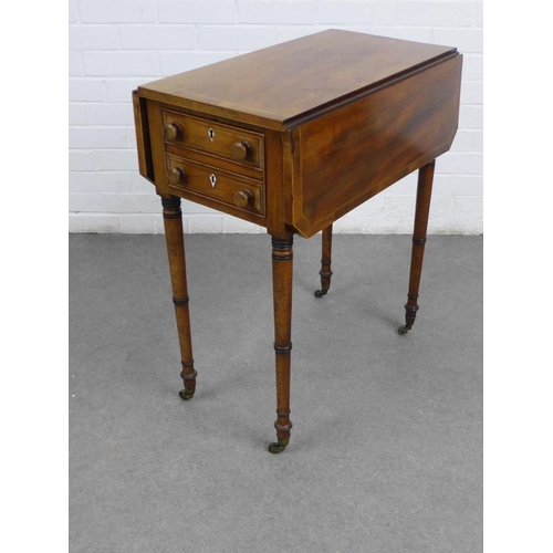 217 - 19th century mahogany and satin inlaid work table, rectangular top with drop flaps and two drawers w... 