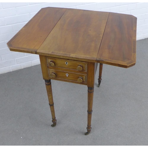 217 - 19th century mahogany and satin inlaid work table, rectangular top with drop flaps and two drawers w... 