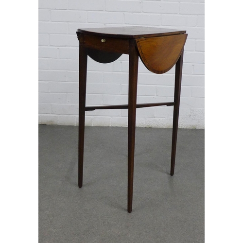 228 - Mahogany drop leaf table with a single drawer, on slender tapering legs and cross stretcher, 69 x 43... 