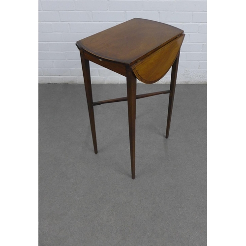 228 - Mahogany drop leaf table with a single drawer, on slender tapering legs and cross stretcher, 69 x 43... 