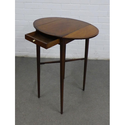 228 - Mahogany drop leaf table with a single drawer, on slender tapering legs and cross stretcher, 69 x 43... 