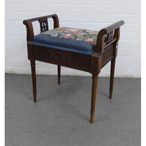 230 - Mahogany piano stool with lift up seat, tapestry upholstery, classical  frieze and reeded legs, 58 x... 