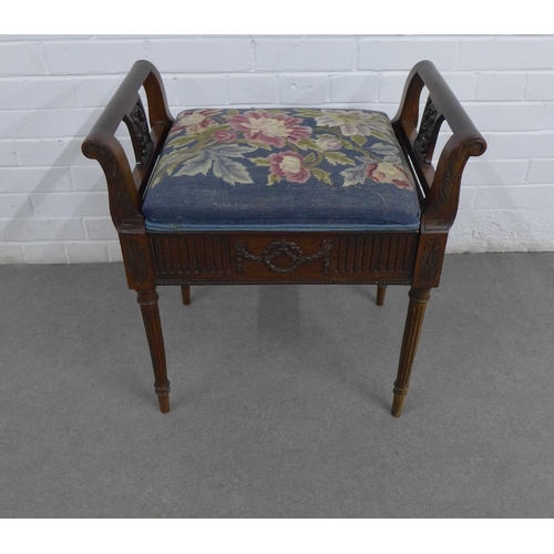 230 - Mahogany piano stool with lift up seat, tapestry upholstery, classical  frieze and reeded legs, 58 x... 