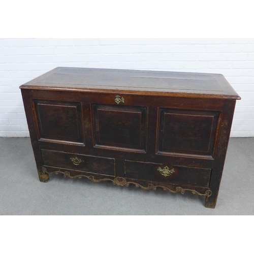 261 - Georgian oak three panelled linen or blanket box, hinged lid and two drawers tot eh base with brass ... 